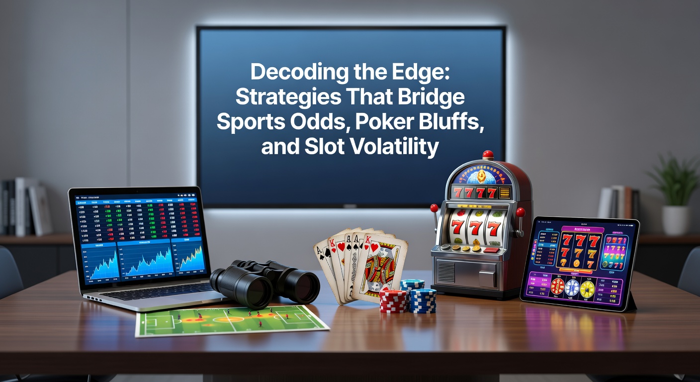 A dynamic split-image showing a sports betting slip, poker cards mid-bluff, and spinning slot reels, illustrating interconnected gambling strategies