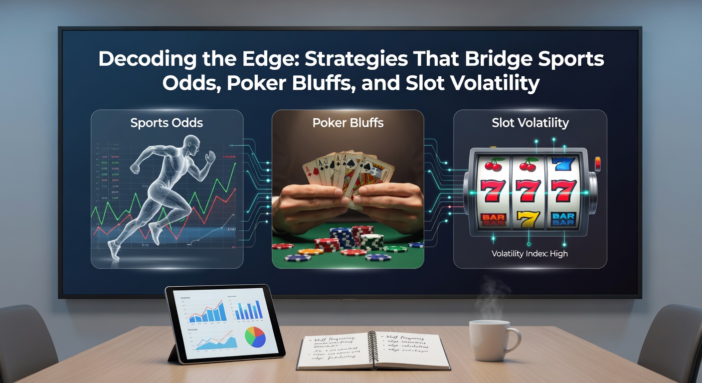 Close-up of a poker player mid-bluff at a high-stakes table overlaid with sports odds screens and slot volatility charts, highlighting strategic overlaps