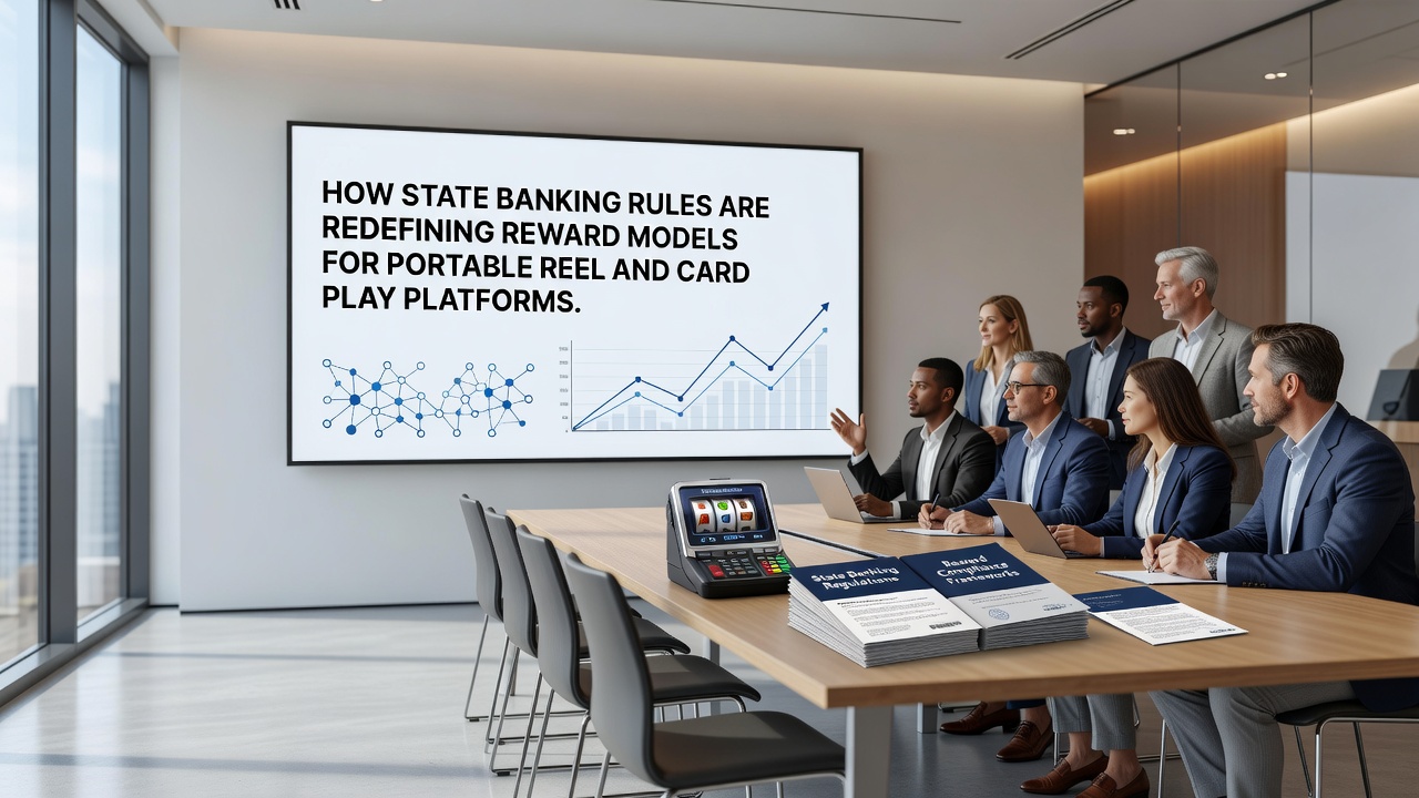 Mobile device displaying adjusted reward interfaces for reel and card gaming under state banking rules