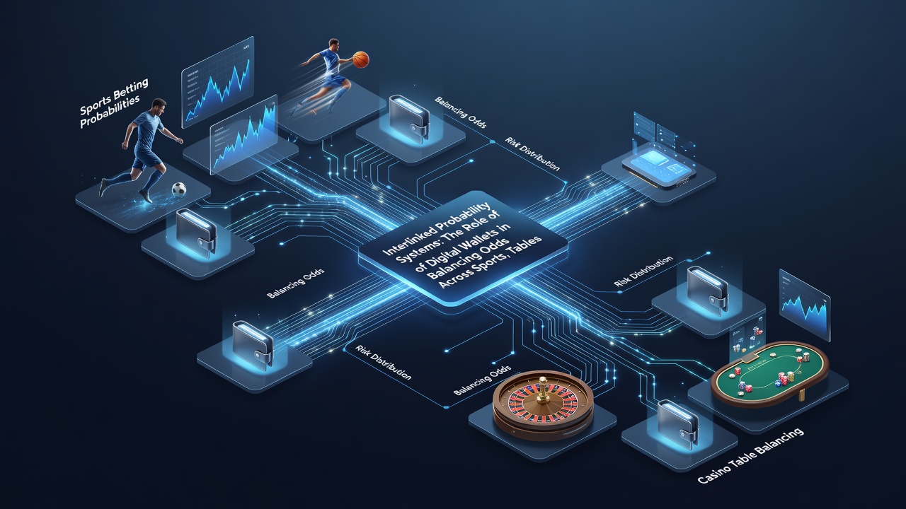 Network diagram showing digital wallet data linking sports odds, table games, and slot probability engines