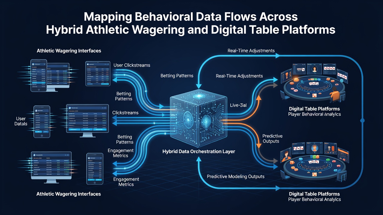 Diagram illustrating interconnected data streams between sports betting modules and digital table interfaces with highlighted behavioral transition points