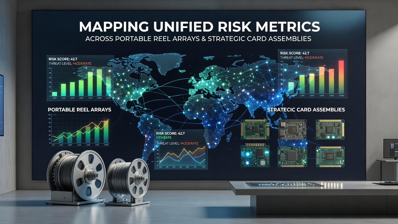 Technical diagram showing risk metric mapping for portable reel arrays connected to card assemblies in an industrial setup