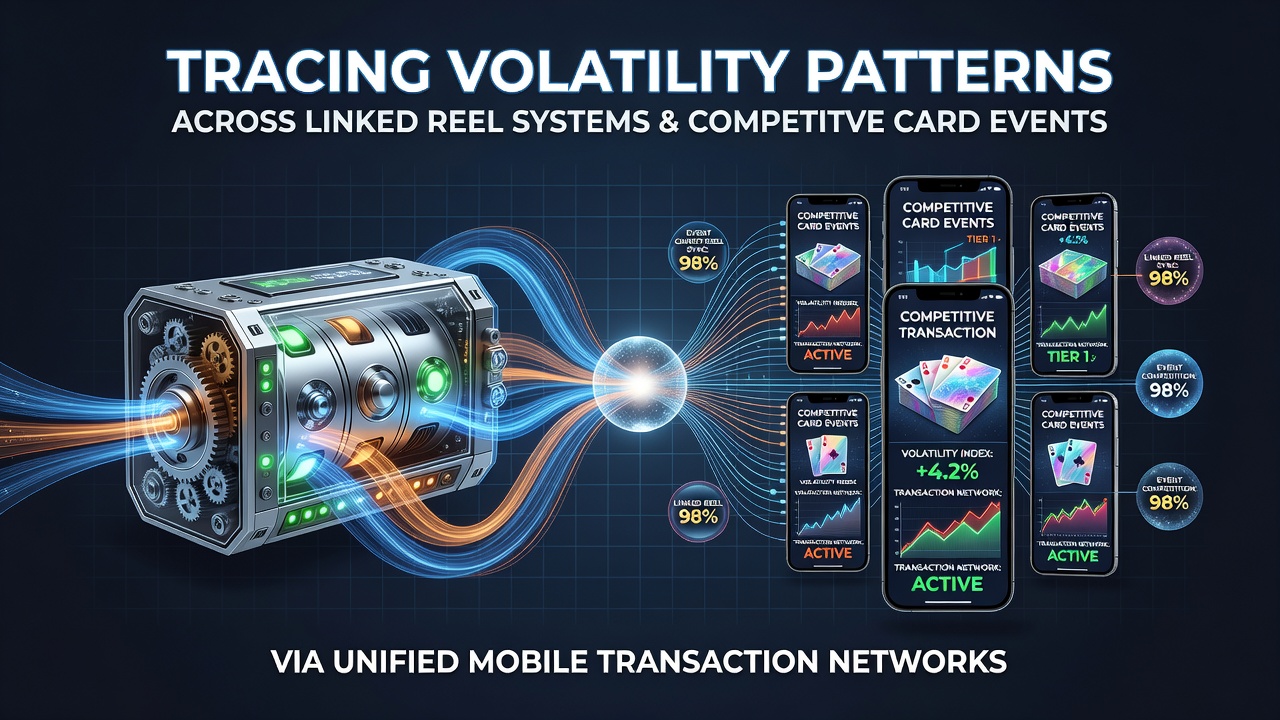 Network visualization showing interconnected reel systems and mobile transaction flows in gaming environments